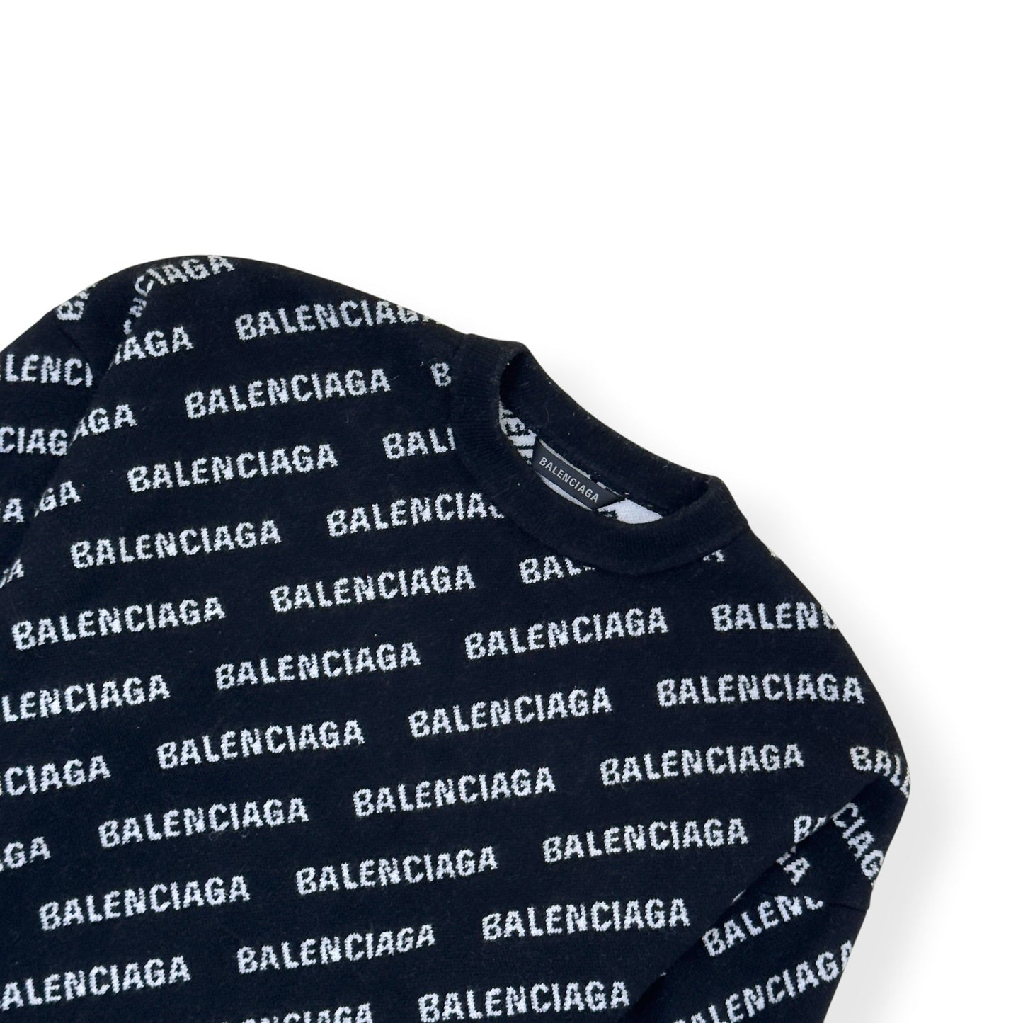 BALENCIAGA OVERSIZED ALLOVER LOGO KNIT SWEATSHIRT BLACK / WHITE S | Small, Black