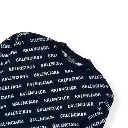BALENCIAGA OVERSIZED ALLOVER LOGO KNIT SWEATSHIRT BLACK / WHITE S | Small, Black