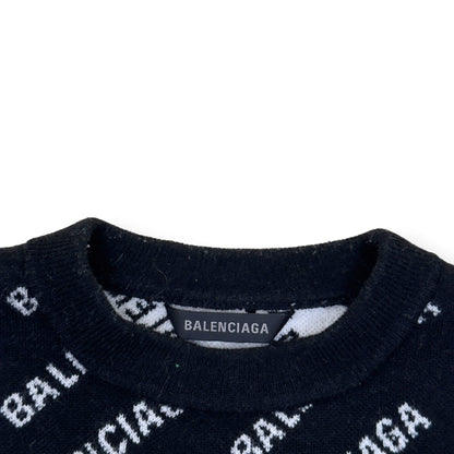 BALENCIAGA OVERSIZED ALLOVER LOGO KNIT SWEATSHIRT BLACK / WHITE S | Small, Black