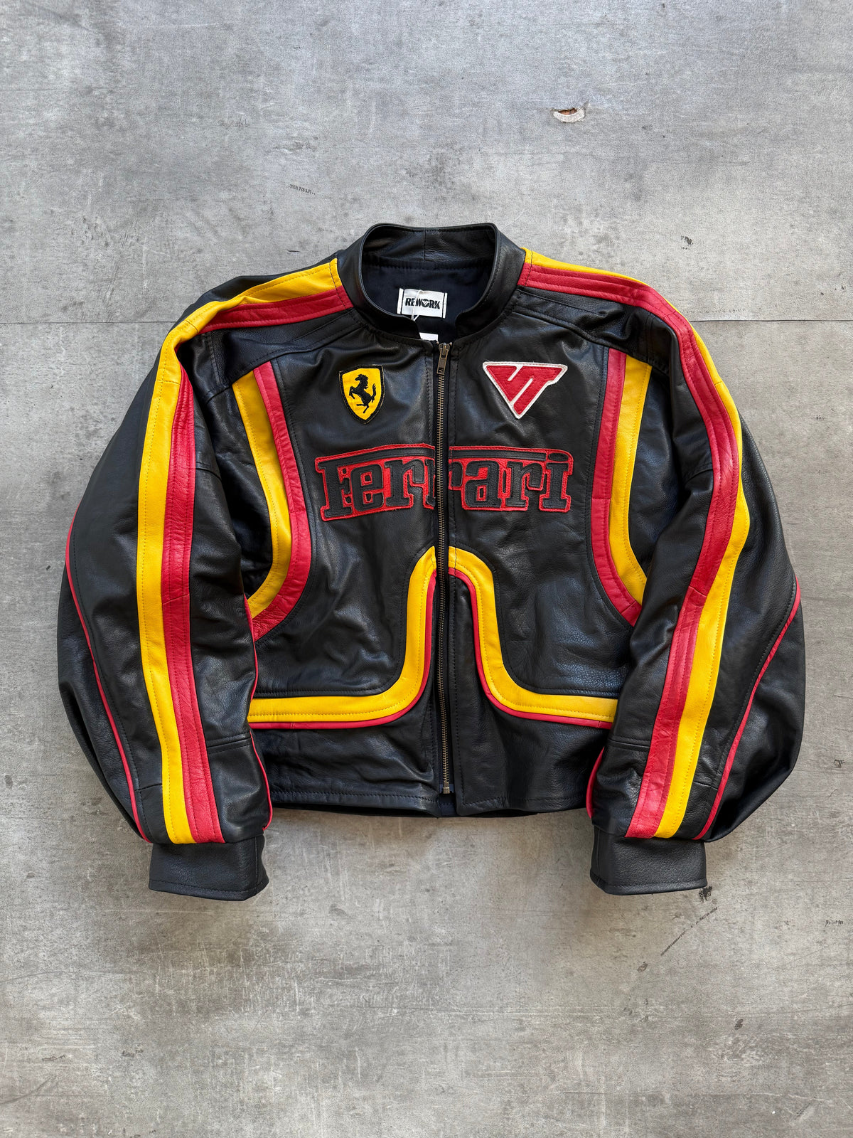 VT Rework: Racing Stripe Ferrari Patch Leather Racer Jacket | Small, Black, Red, Yellow