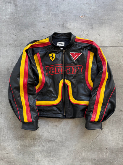 VT Rework: Racing Stripe Ferrari Patch Leather Racer Jacket | Small, Black, Red, Yellow