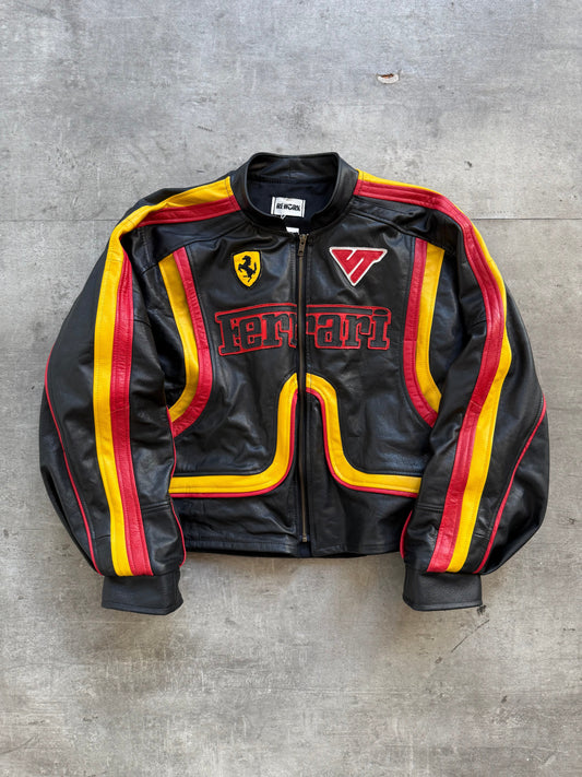 VT Rework: Racing Stripe Ferrari Patch Leather Racer Jacket | Small, Black, Red, Yellow