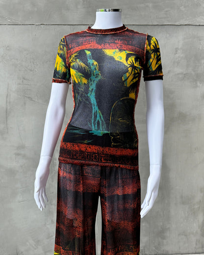 JEAN PAUL GAULTIER JPG 2000'S TROPICAL PRINT MESH TROUSER & TOP SET - S | Small, Multicoloured