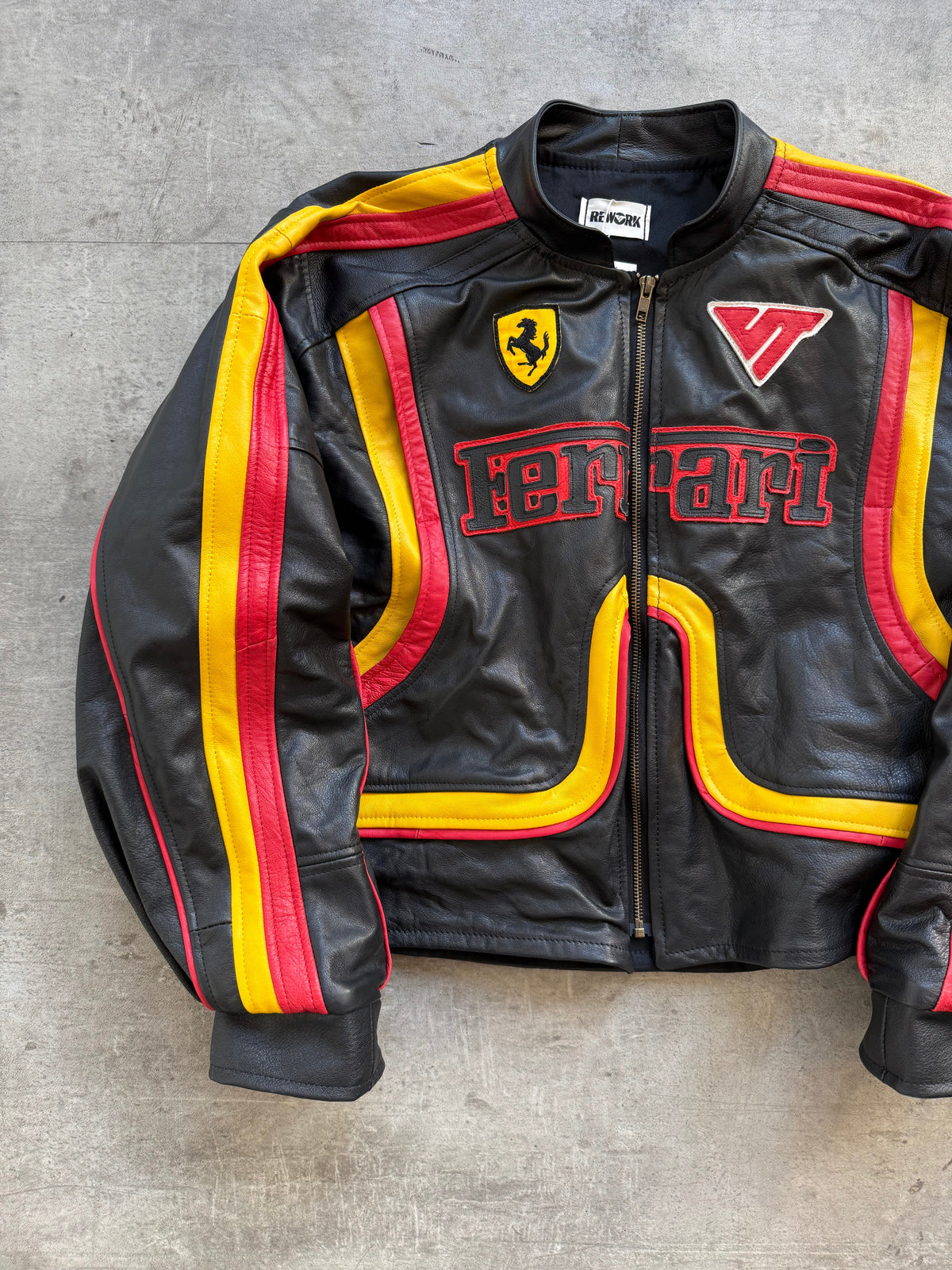 VT Rework: Racing Stripe Ferrari Patch Leather Racer Jacket | Small, Black, Red, Yellow