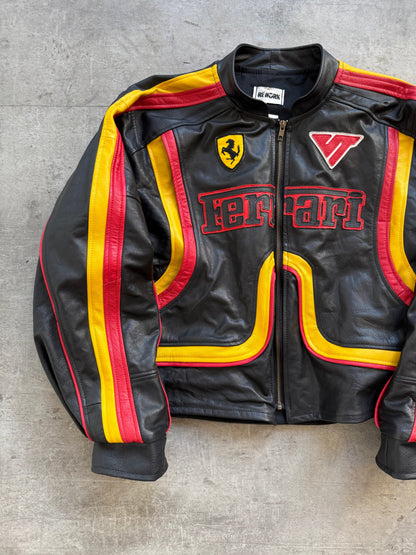 VT Rework: Racing Stripe Ferrari Patch Leather Racer Jacket | Small, Black, Red, Yellow