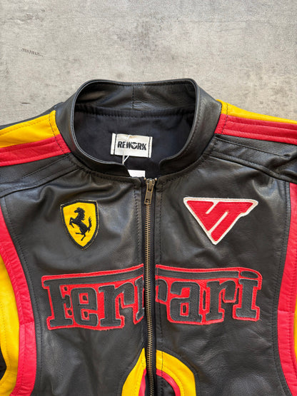 VT Rework: Racing Stripe Ferrari Patch Leather Racer Jacket | Small, Black, Red, Yellow