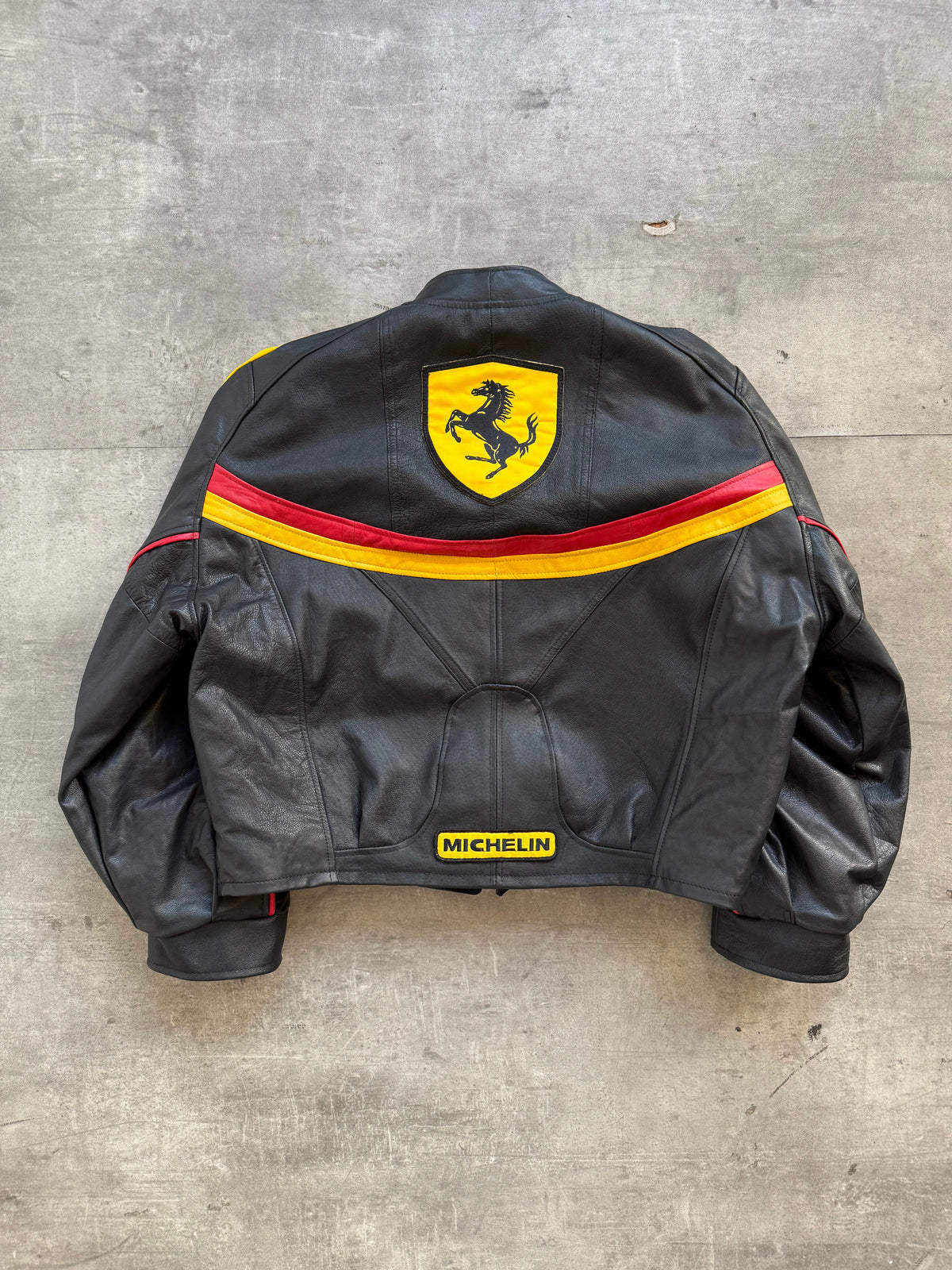 VT Rework: Racing Stripe Ferrari Patch Leather Racer Jacket | Small, Black, Red, Yellow