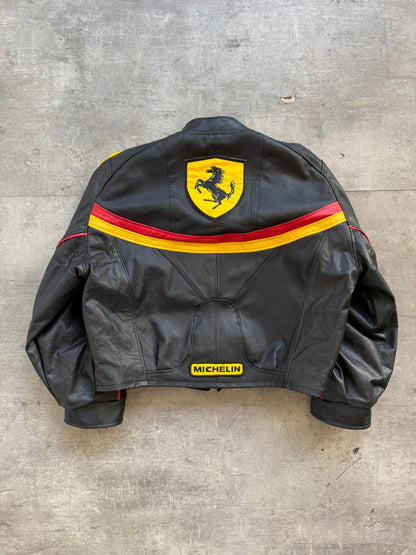 VT Rework: Racing Stripe Ferrari Patch Leather Racer Jacket | Small, Black, Red, Yellow