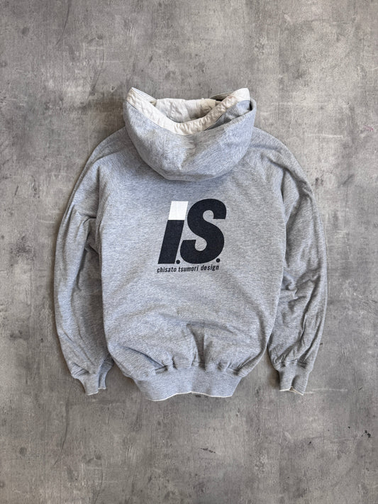 Issey Miyake Flocked Logo 1980 Cream Reversible Hooded Bomber Jacket