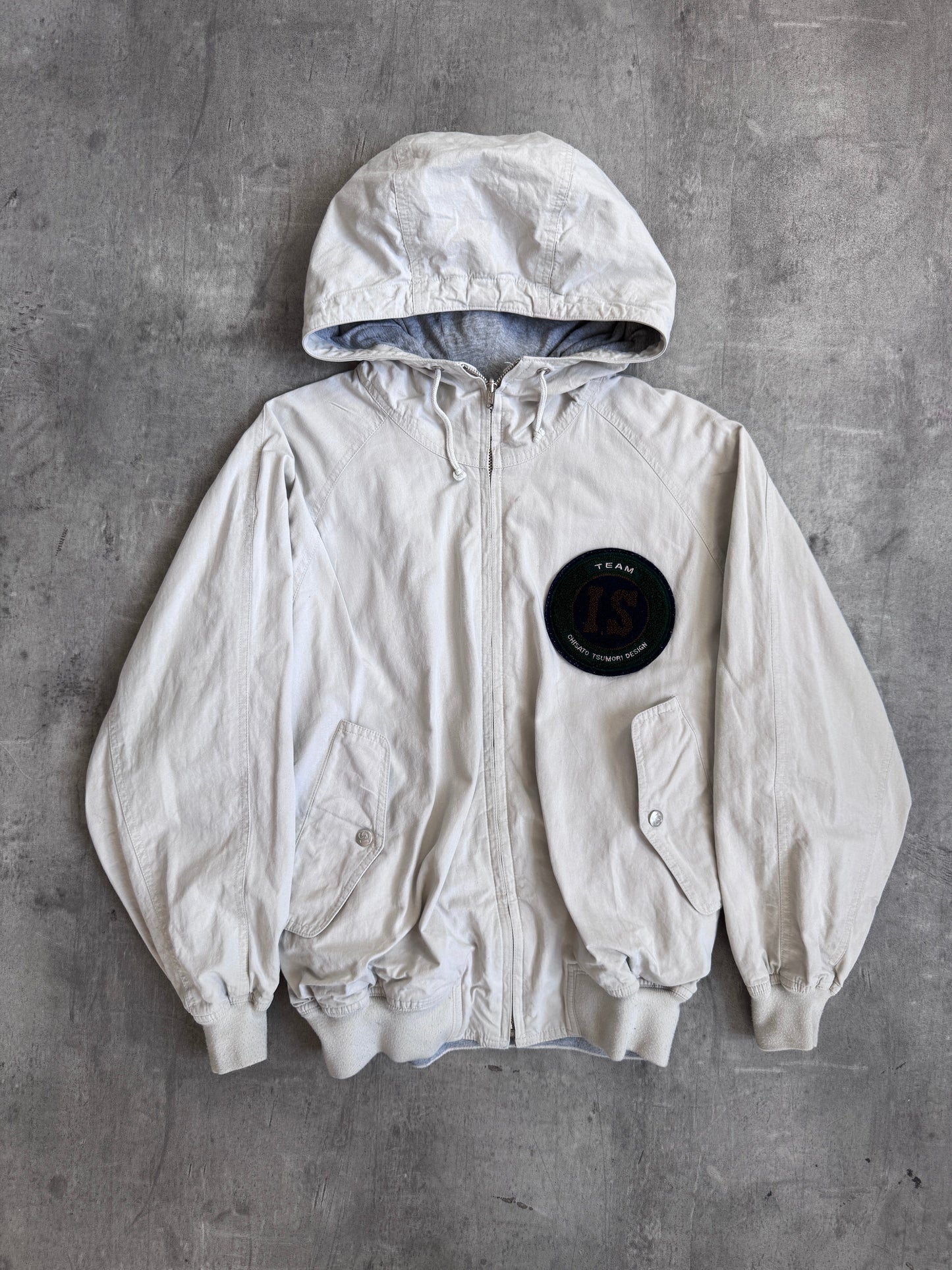 Issey Miyake Flocked Logo 1980 Cream Reversible Hooded Bomber Jacket