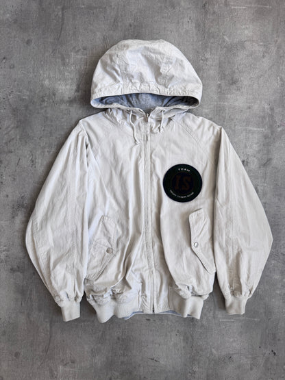 Issey Miyake Flocked Logo 1980 Cream Reversible Hooded Bomber Jacket