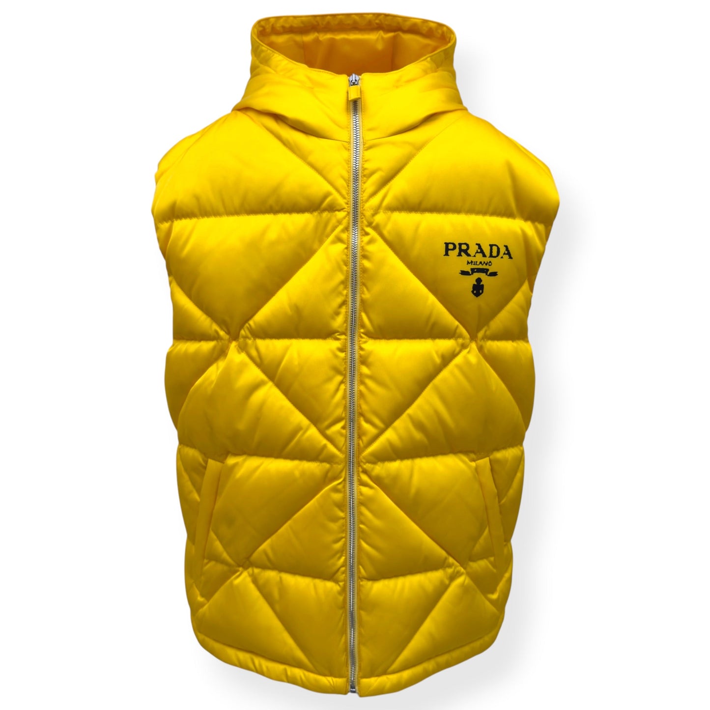 PRADA RE NYLON HOODED DOWN PUFFER GILET YELLOW L | Large, Yellow