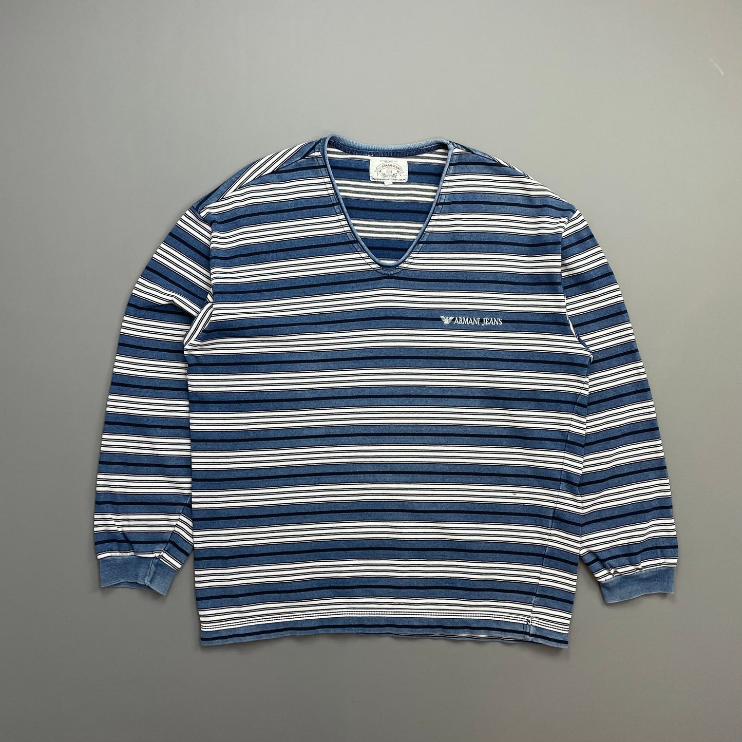 Armani Jeans Blue & White 90s Striped Scoop Neck Jumper | Large, Blue