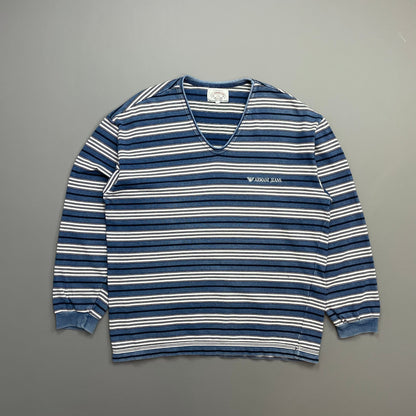 Armani Jeans Blue & White 90s Striped Scoop Neck Jumper | Large, Blue