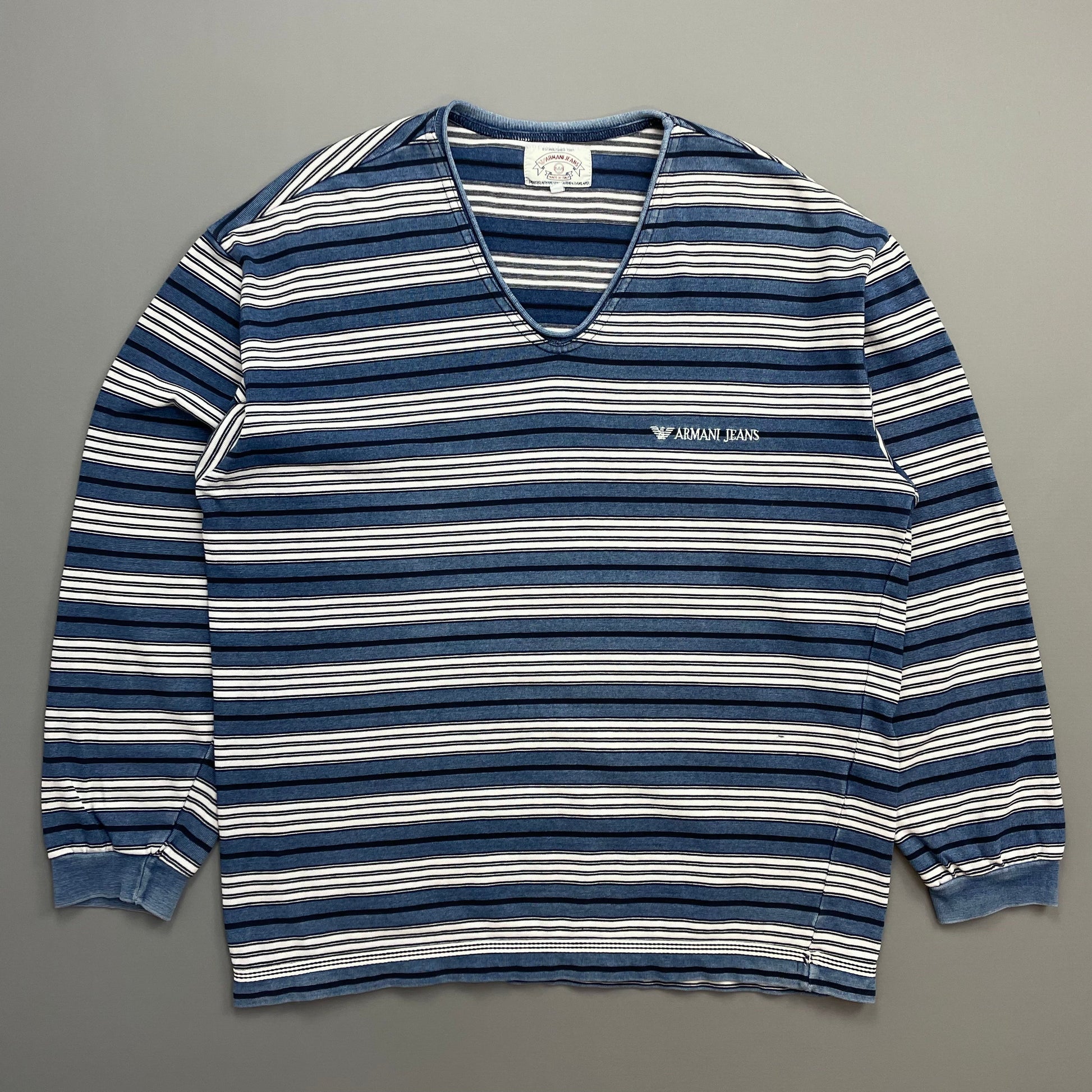 Armani Jeans Blue & White 90s Striped Scoop Neck Jumper | Large, Blue