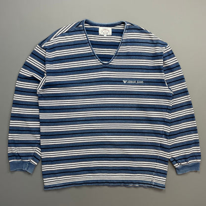 Armani Jeans Blue & White 90s Striped Scoop Neck Jumper | Large, Blue