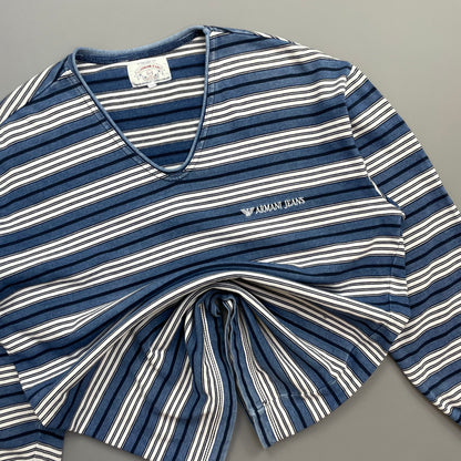 Armani Jeans Blue & White 90s Striped Scoop Neck Jumper | Large, Blue