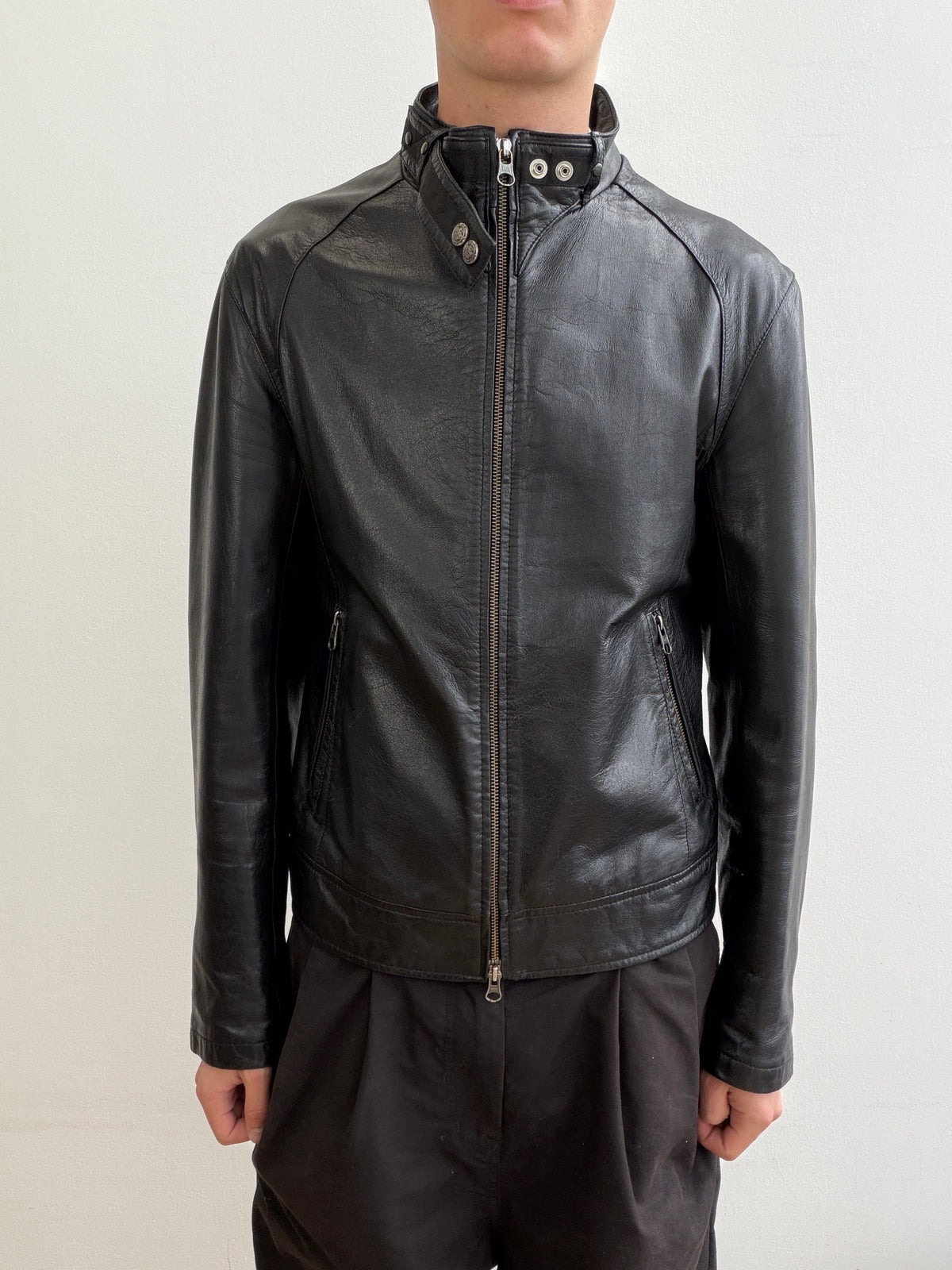 Armani Jeans Black 00s Collar Clasp Leather Biker Jacket | O/S, Black
