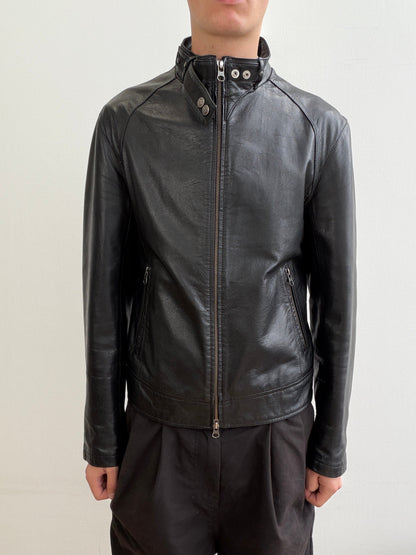 Armani Jeans Black 00s Collar Clasp Leather Biker Jacket | O/S, Black
