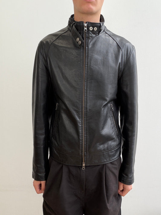 Armani Jeans Black 00s Collar Clasp Leather Biker Jacket | O/S, Black