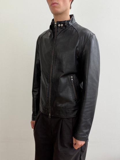 Armani Jeans Black 00s Collar Clasp Leather Biker Jacket | O/S, Black