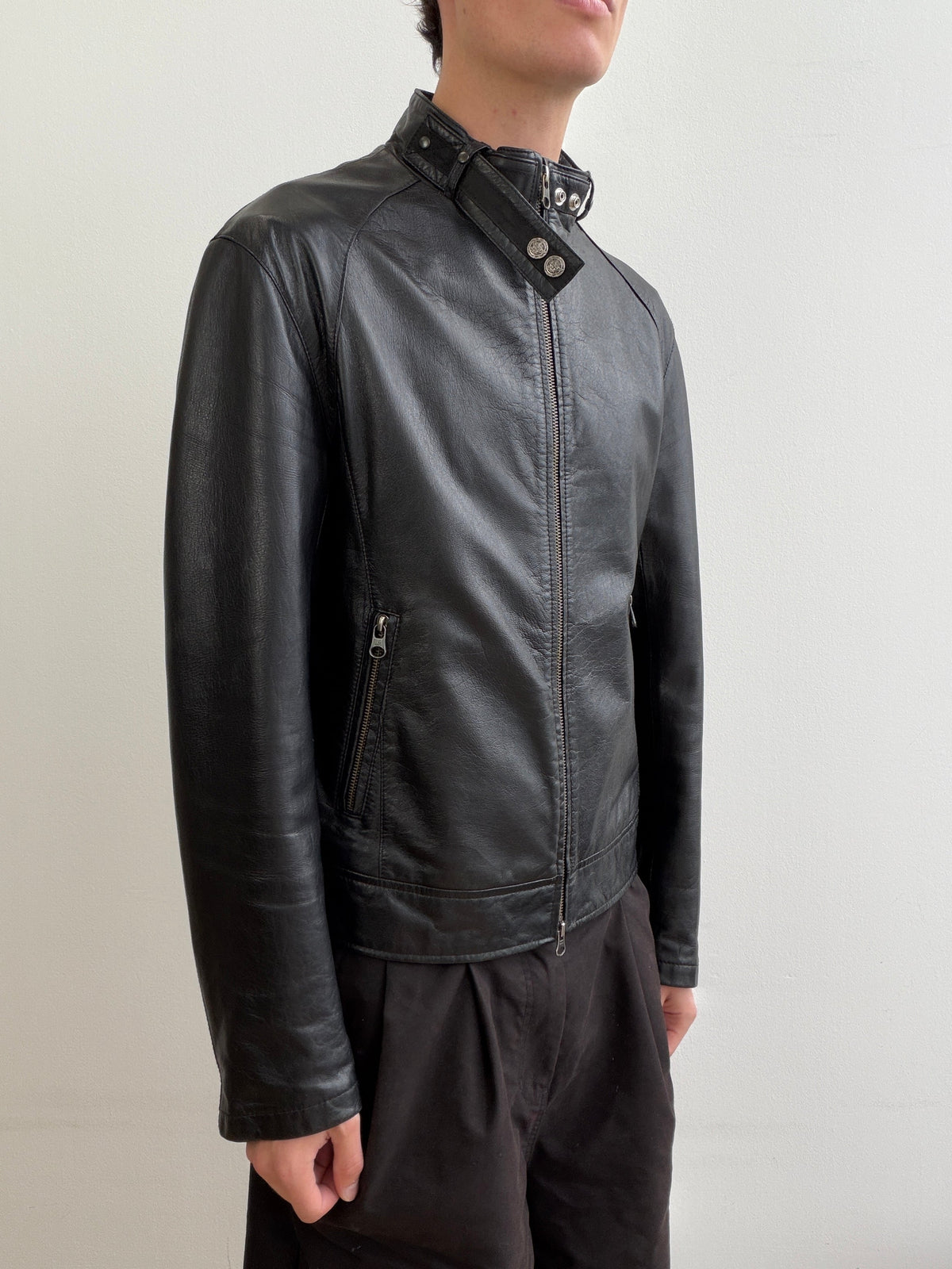 Armani Jeans Black 00s Collar Clasp Leather Biker Jacket | O/S, Black