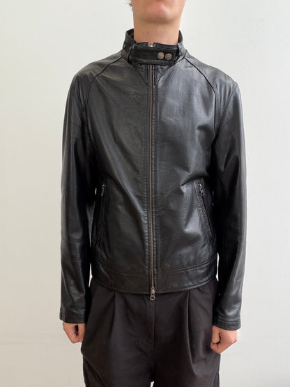 Armani Jeans Black 00s Collar Clasp Leather Biker Jacket | O/S, Black