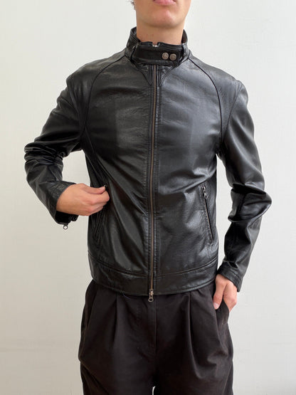 Armani Jeans Black 00s Collar Clasp Leather Biker Jacket | O/S, Black