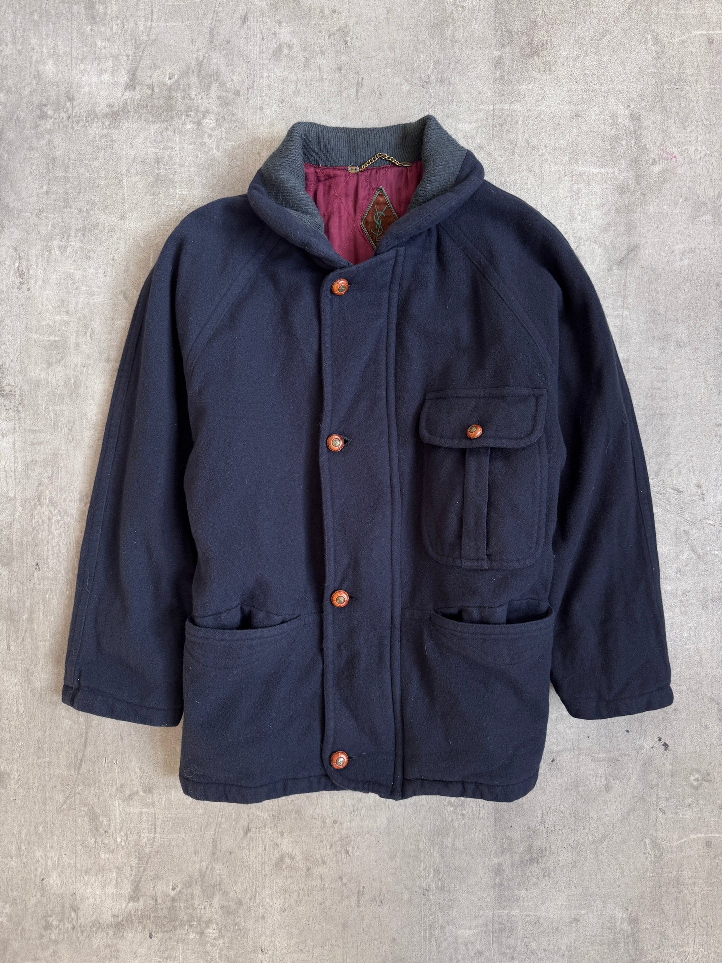 YSL 1980s Logo Embellished Button Navy Wool Quilt Lined Duffle Coat