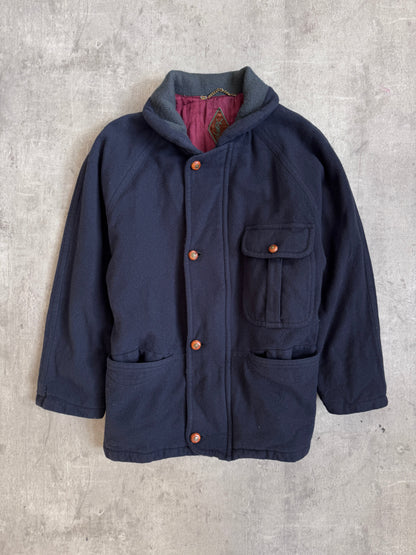 YSL 1980s Logo Embellished Button Navy Wool Quilt Lined Duffle Coat