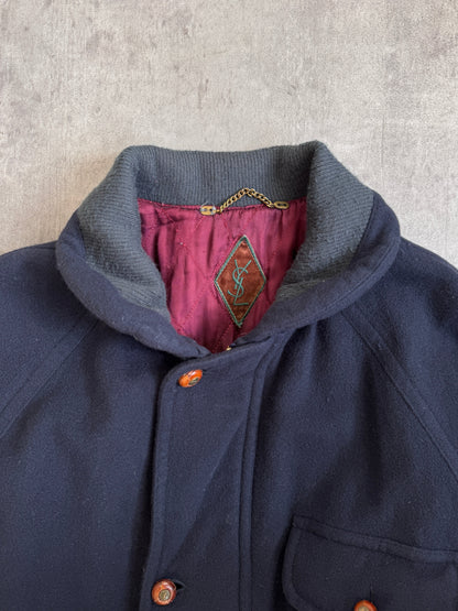 YSL 1980s Logo Embellished Button Navy Wool Quilt Lined Duffle Coat