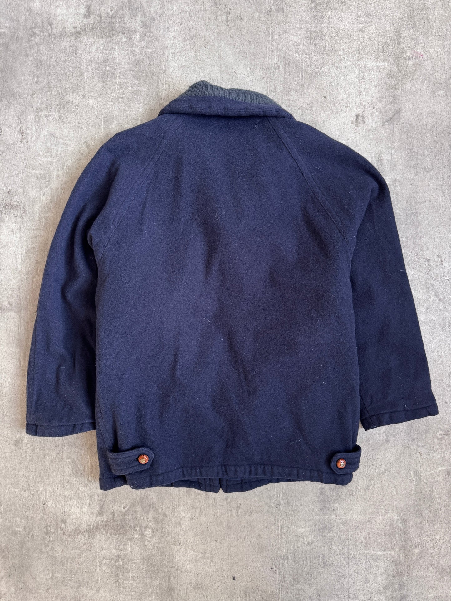 YSL 1980s Logo Embellished Button Navy Wool Quilt Lined Duffle Coat