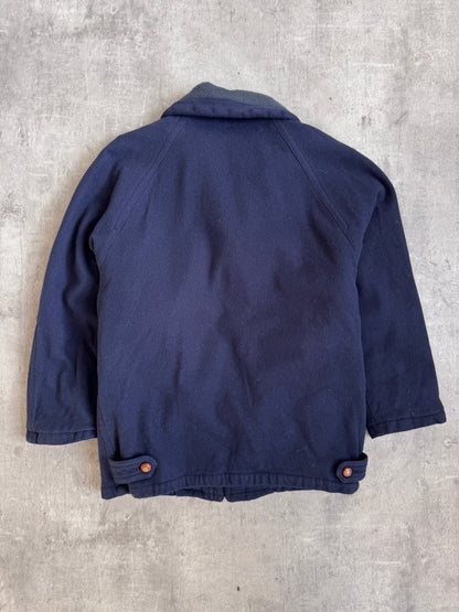 YSL 1980s Logo Embellished Button Navy Wool Quilt Lined Duffle Coat