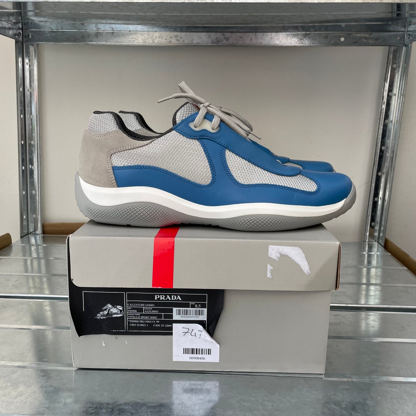 Prada Sport Blue & Grey Re-Edition Leather America's Cup Original Trainers | LARGE, Blue