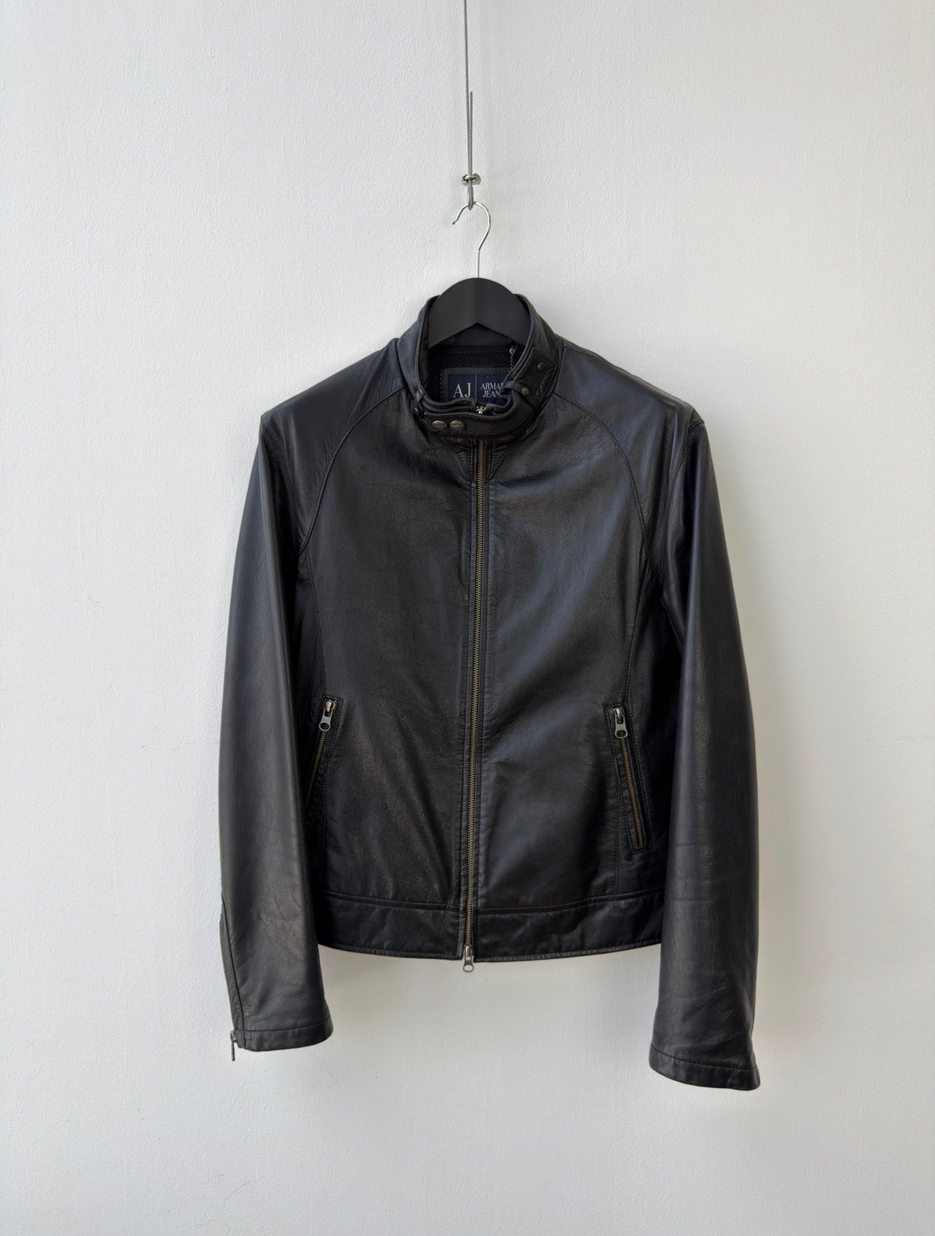 Armani Jeans Black 00s Collar Clasp Leather Biker Jacket | O/S, Black
