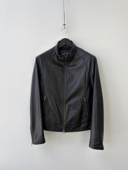Armani Jeans Black 00s Collar Clasp Leather Biker Jacket | O/S, Black