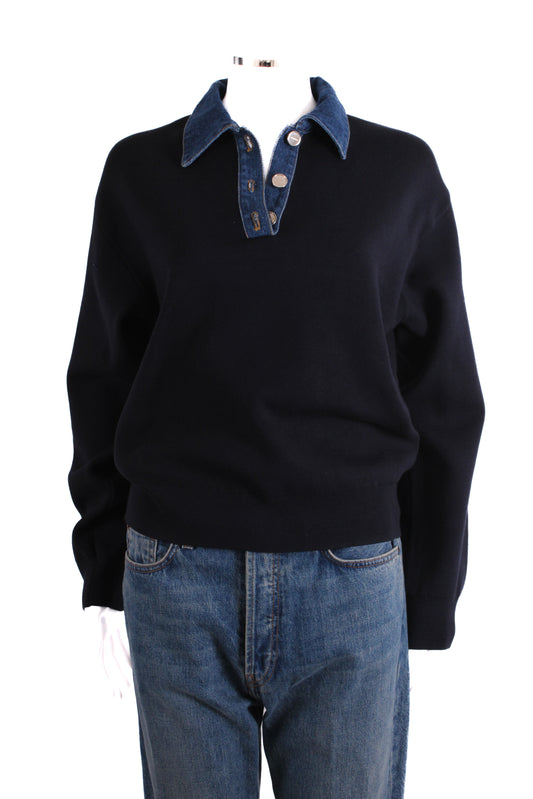 Sandro L/S Denim Collar Sweatshirt Black/ Denim S | Small, Black