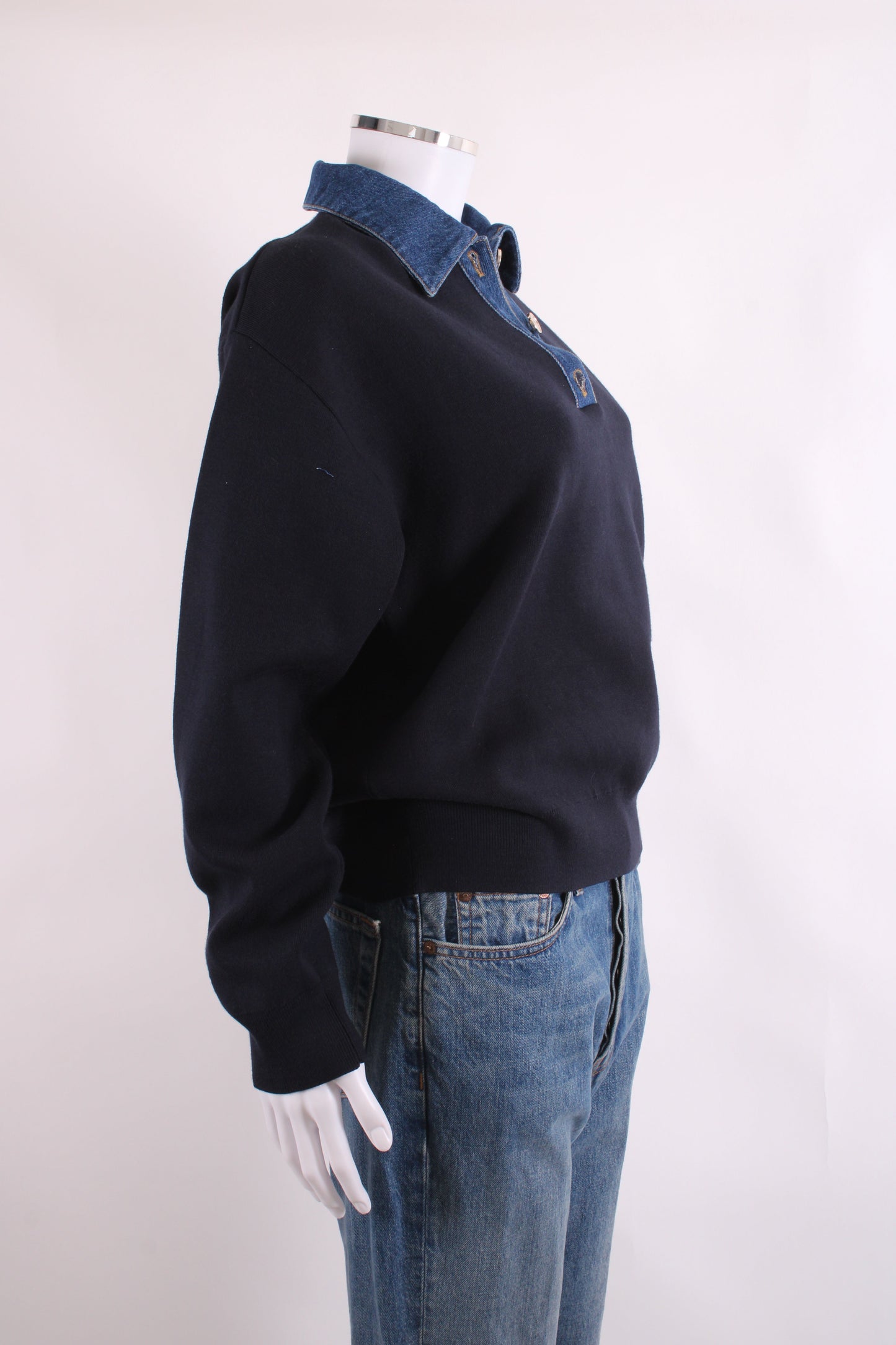 Sandro L/S Denim Collar Sweatshirt Black/ Denim S | Small, Black