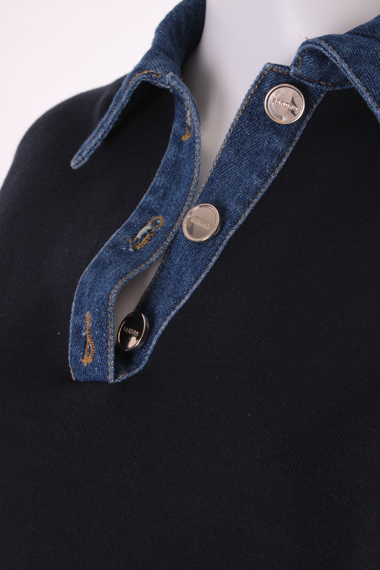 Sandro L/S Denim Collar Sweatshirt Black/ Denim S | Small, Black