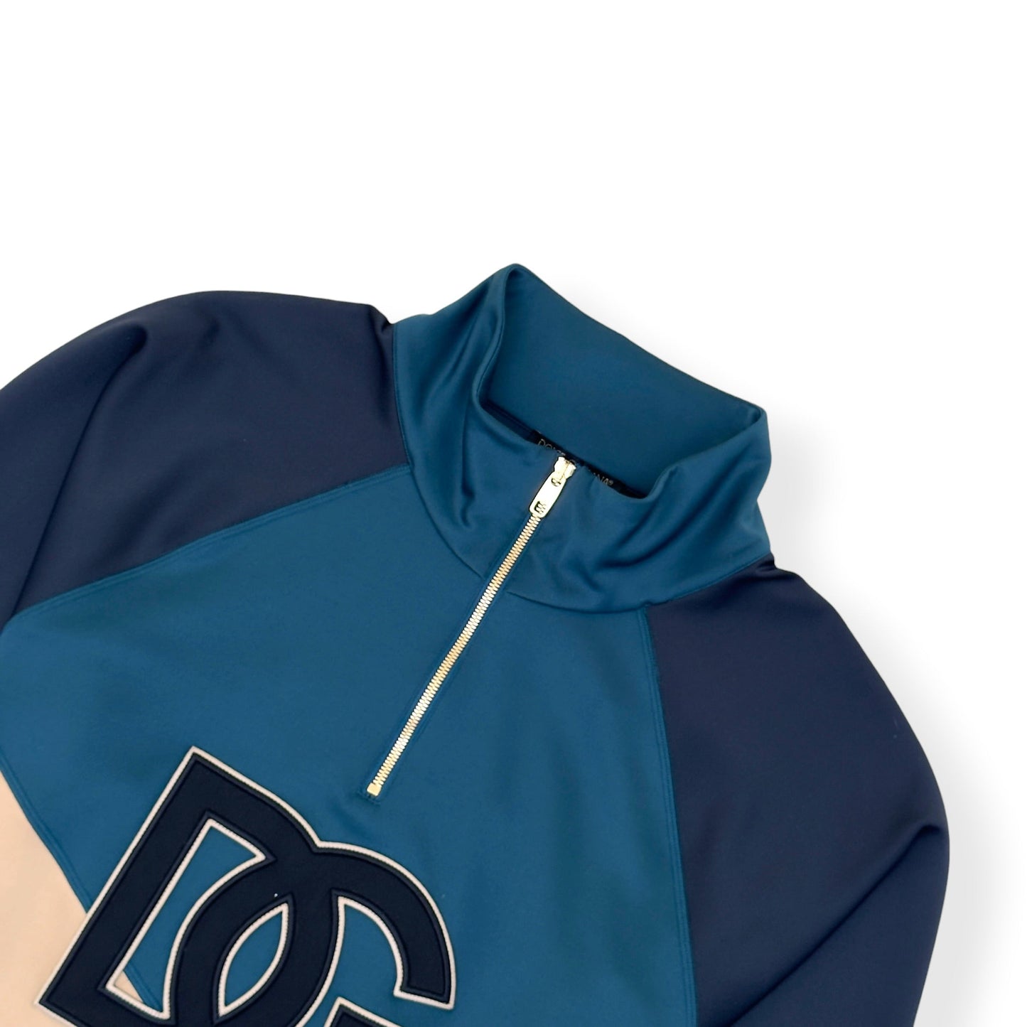 DOLCE GABBANA DG LOGO QUARTER ZIP SWEATSHIRT NAVY BEIGE 54 / XL | XL, Beige