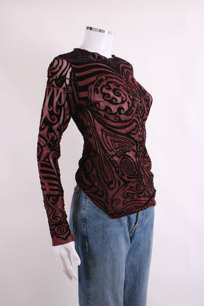 Jean Paul Gaultier Maille Classique L/S Tribal Tattoo Mesh Top Burgundy/ Black S | Small, Black