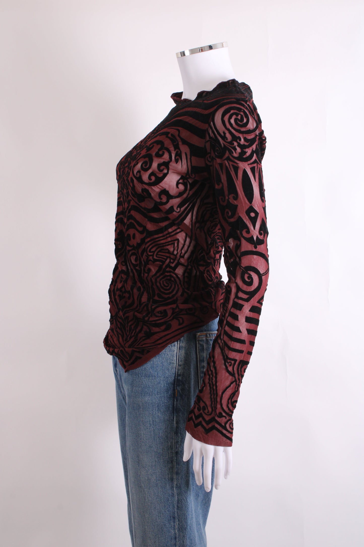 Jean Paul Gaultier Maille Classique L/S Tribal Tattoo Mesh Top Burgundy/ Black S | Small, Black