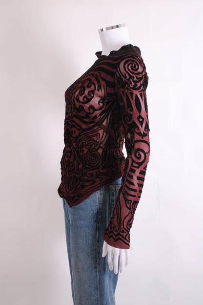 Jean Paul Gaultier Maille Classique L/S Tribal Tattoo Mesh Top Burgundy/ Black S | Small, Black