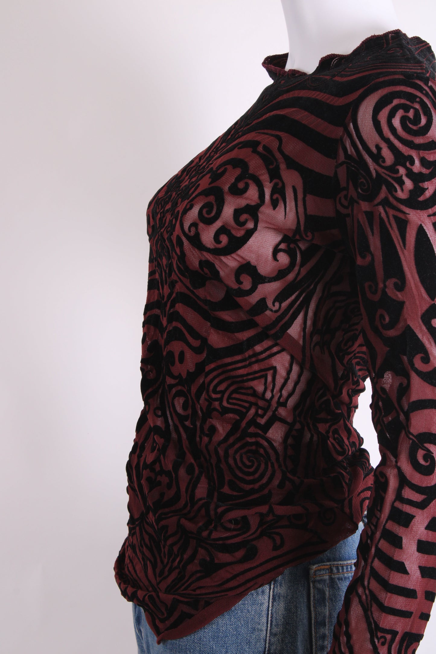 Jean Paul Gaultier Maille Classique L/S Tribal Tattoo Mesh Top Burgundy/ Black S | Small, Black
