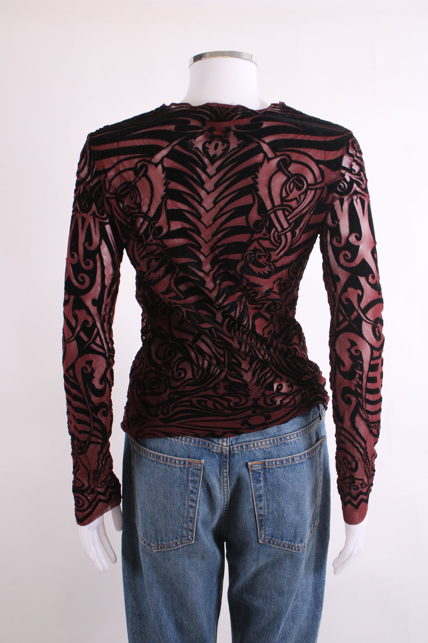 Jean Paul Gaultier Maille Classique L/S Tribal Tattoo Mesh Top Burgundy/ Black S | Small, Black