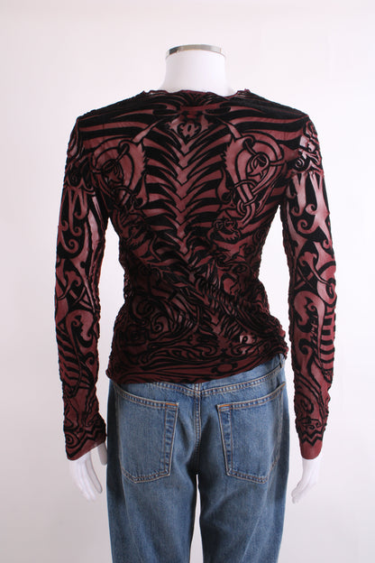 Jean Paul Gaultier Maille Classique L/S Tribal Tattoo Mesh Top Burgundy/ Black S | Small, Black