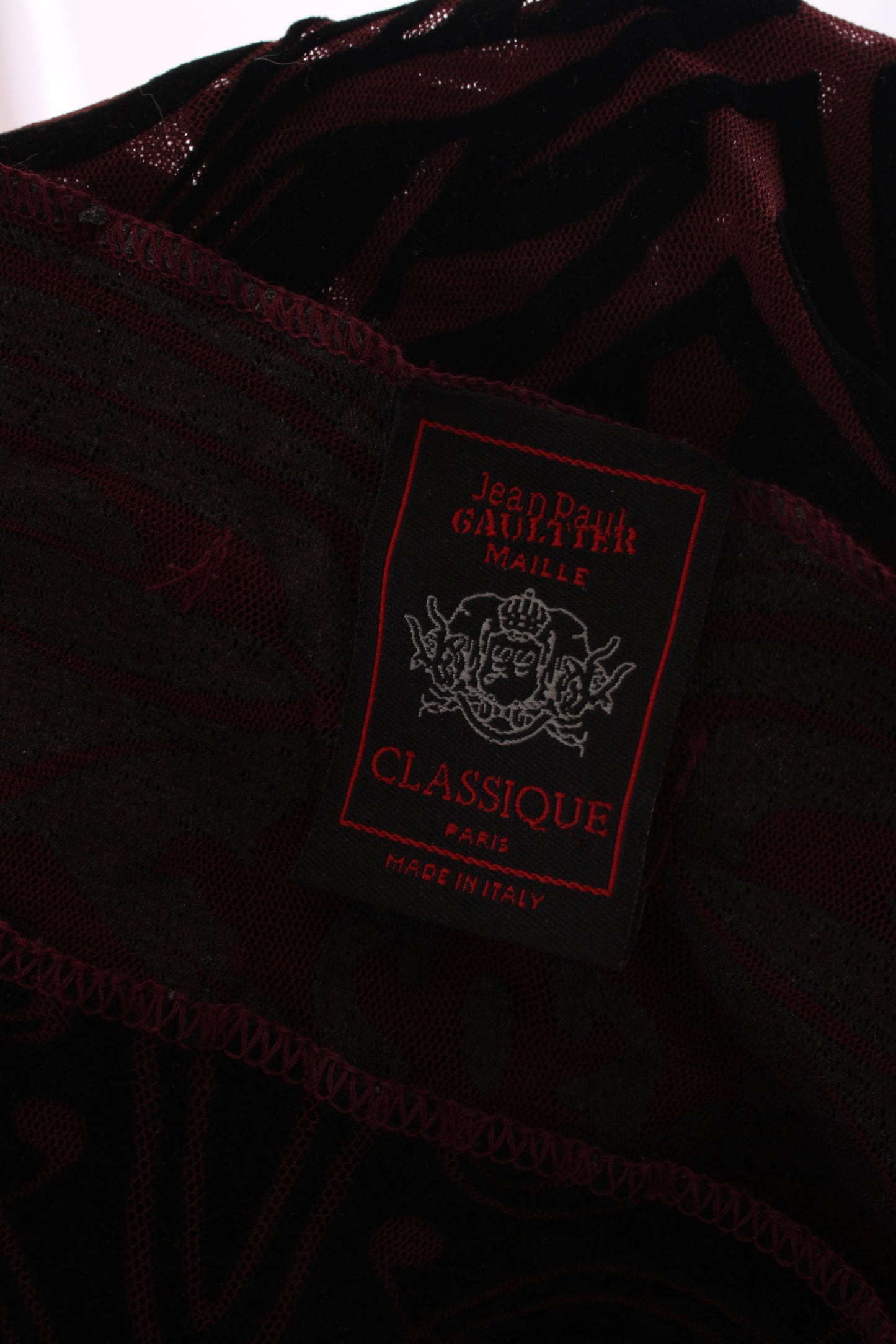 Jean Paul Gaultier Maille Classique L/S Tribal Tattoo Mesh Top Burgundy/ Black S | Small, Black