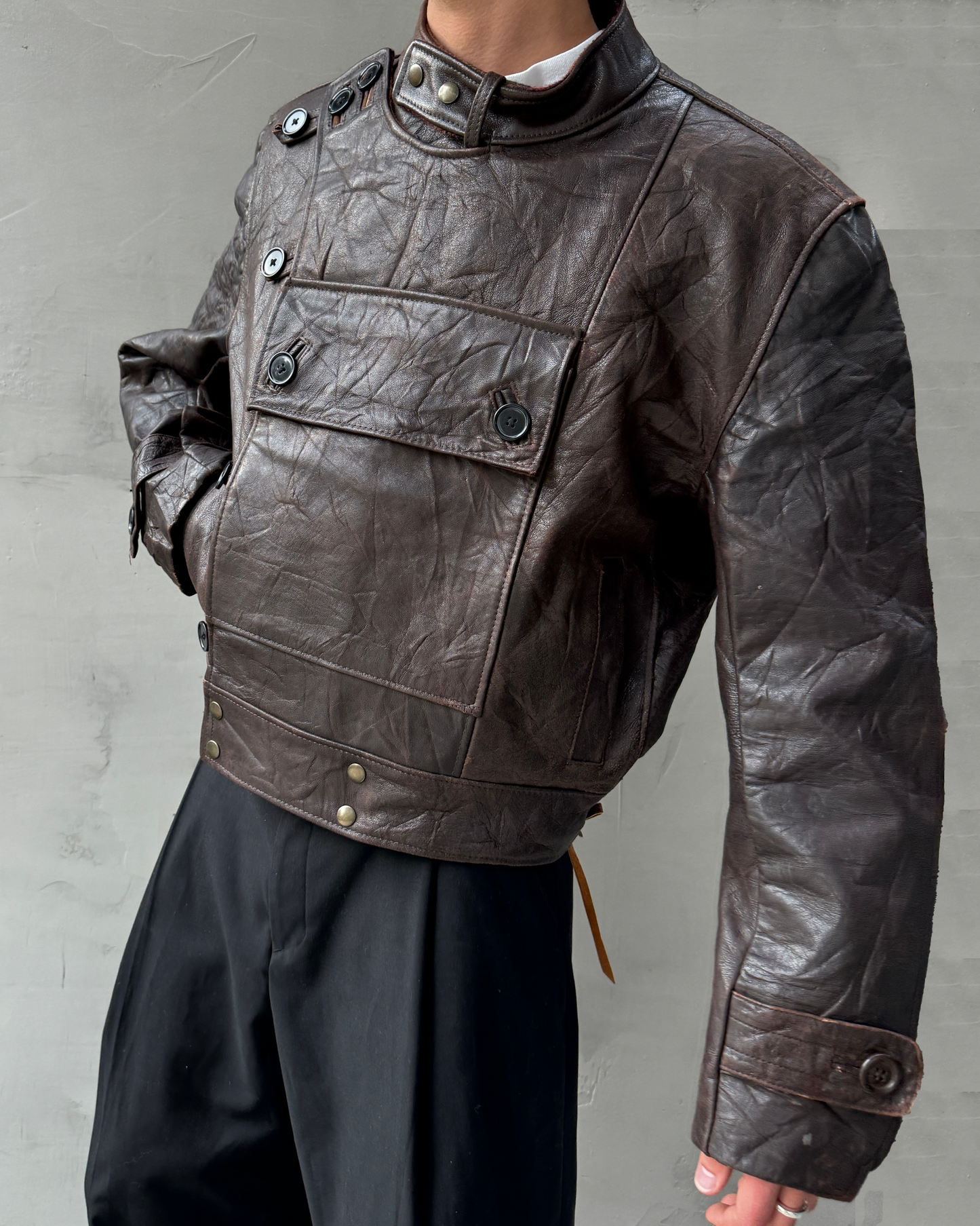 90'S SWEDISH ARMY LEATHER MOTO JACKET - L | Large, Brown