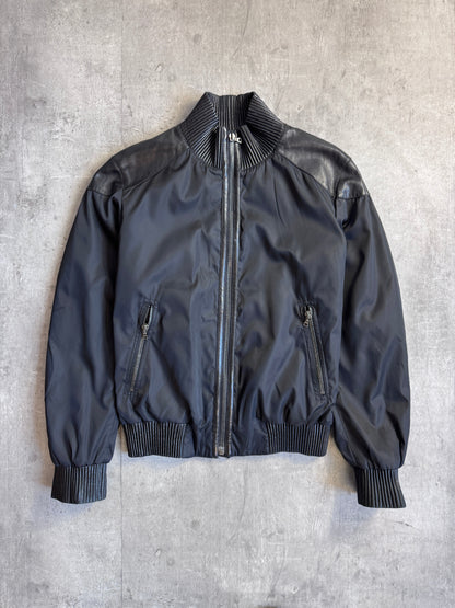 Prada Ribbed Leather Nylon Panelled Bomber Jacket
