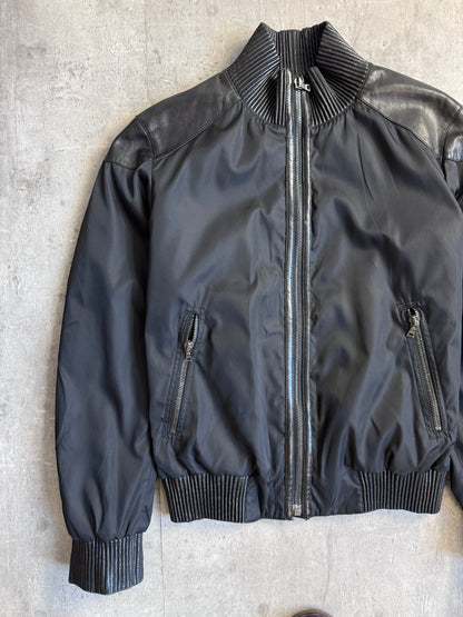 Prada Ribbed Leather Nylon Panelled Bomber Jacket